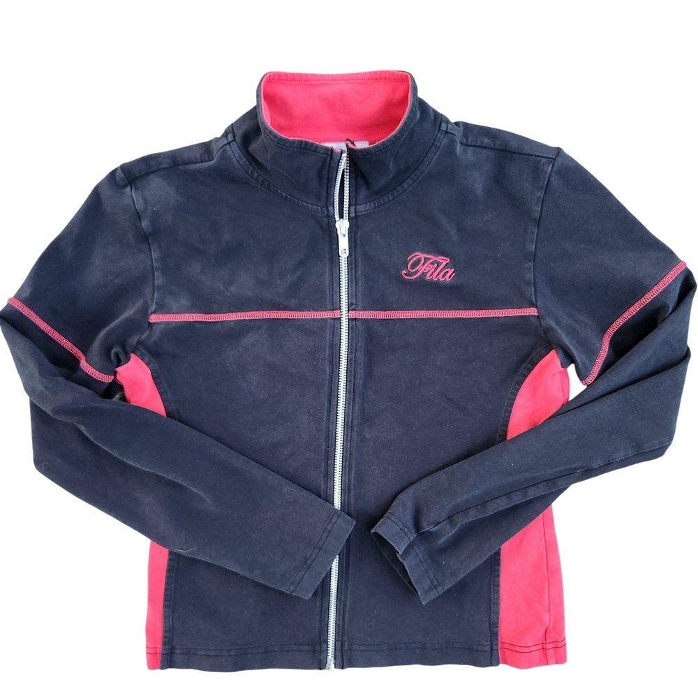 FILA y2k vintage Full Zip Track Jacket Pink Trim Navy Blue Retro‎ Athleisure S